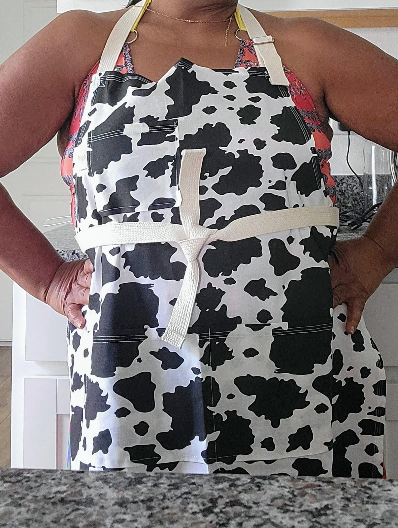 Cow Print Personalized Handmade Cotton Kitchen Apron, Custom Apron with Pockets, Personalized Embroidery, Handmade Chef Apron Gift Set