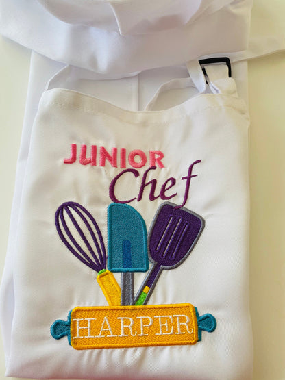 Junior Chef Personalized Child Apron and Chef Hat| Cooking | Custom Embroidered | Girl | Boy | Birthday Party | Age 4 to 12 years | Baking